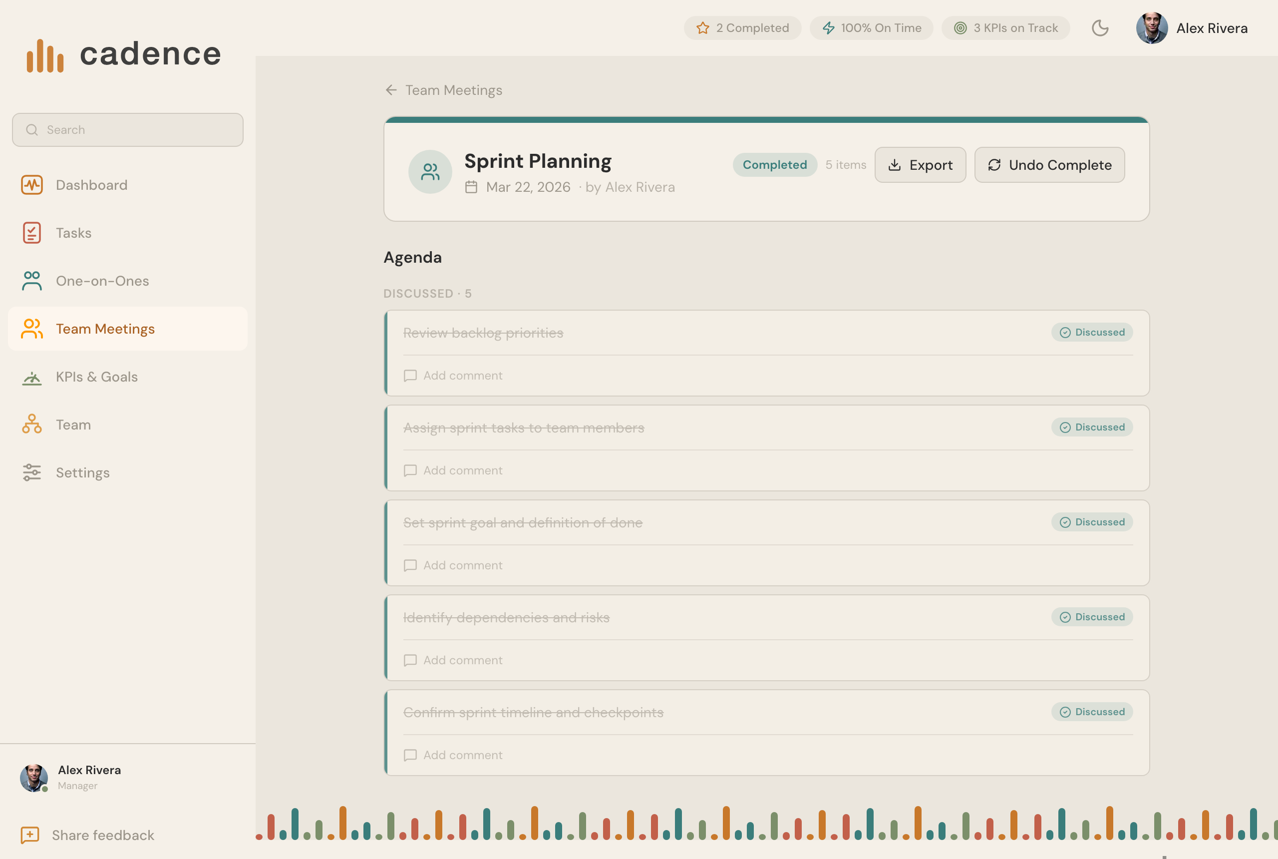 Cadence team meetings with shared agendas